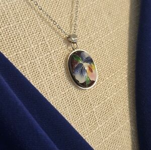 Vintage Cloisonne Silver Pendant Necklace
